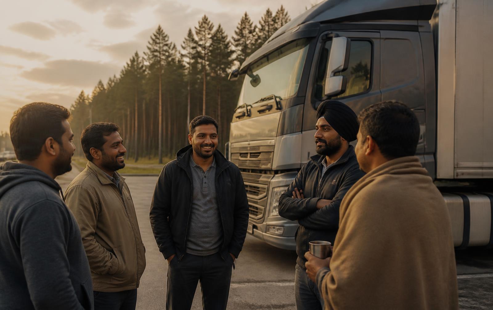 Indian truck drivers talking together beside a cargo truck at a rest stop in Lithuania